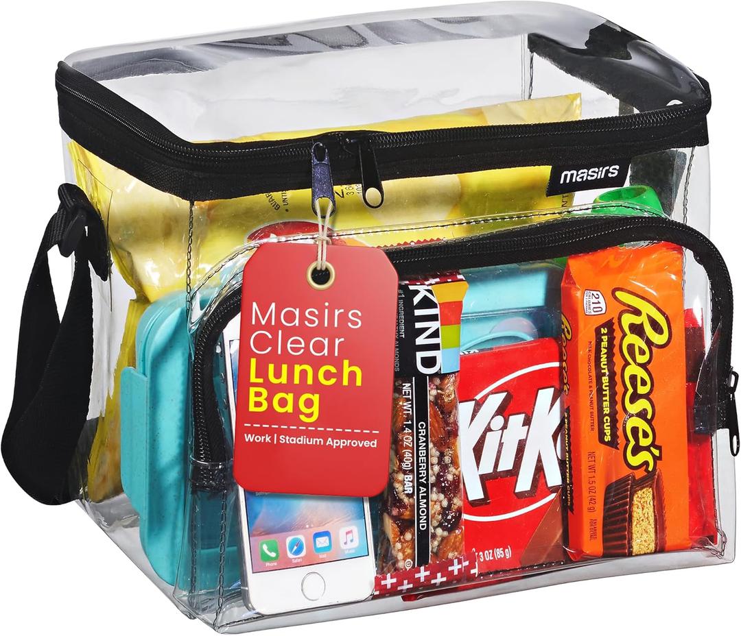 Masirs Clear Lunch Bag, Durable PVC Plastic See Through Lunch Bag with Adjustable Shoulder Strap Handle for Prison Correctional Officers, Work, School, Stadium Approved, Freezer Proof (Large)