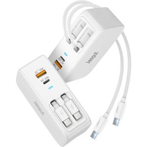 USB Wall Charger Block, Built-in Dual Retractable Cables 40W USB C Block Wall Plug with USB A/USB C Ports, Travel and PD Fast Charging for iPhone 17/16/15 Galaxy S25/S24 and More