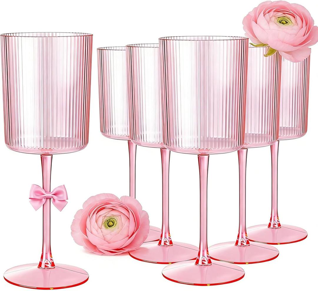 Ciaell 12 PCS Pink Plastic Ribbed Wine Glasses - 10 OZ Plastic Square Wine Glasses with Stem - Disposable Champagne Cups for Parties & Weddings & Mother's Day