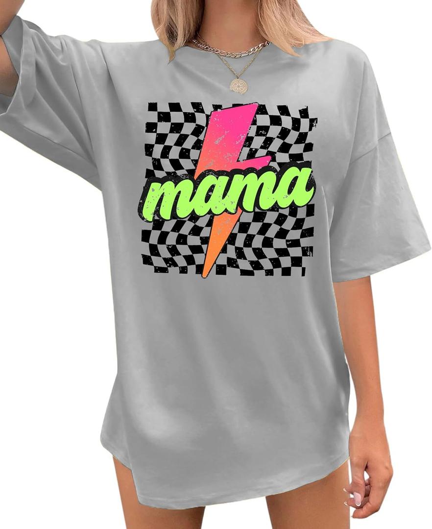 Women's Mama Shirt: Oversized Mama Shirts Trendy Mom T Shirt Loose Casual Summer Shirts Letter Print Short Sleeve Tops (Large, Grey4)