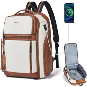 Shrrie Travel Laptop Backpack for Women, 17 Inch Vegan Leather Backpack with USB Charger, Expandable Large Capacity Computer Backpack Purse for Work Business Travel, Beige