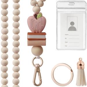 Teacher Lanyard with ID Holder, Fashion Wood Beaded Lanyard for Keys, Super Cute Boho Breakaway Lanyard for Women
