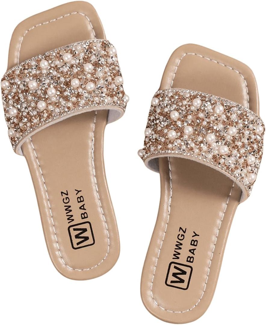 GORGLITTER Girl's Pearls Dress Flat Sandals Glitter Rhinestone Summer Open Toe Teens Slides (2 Big Kid, Brown)