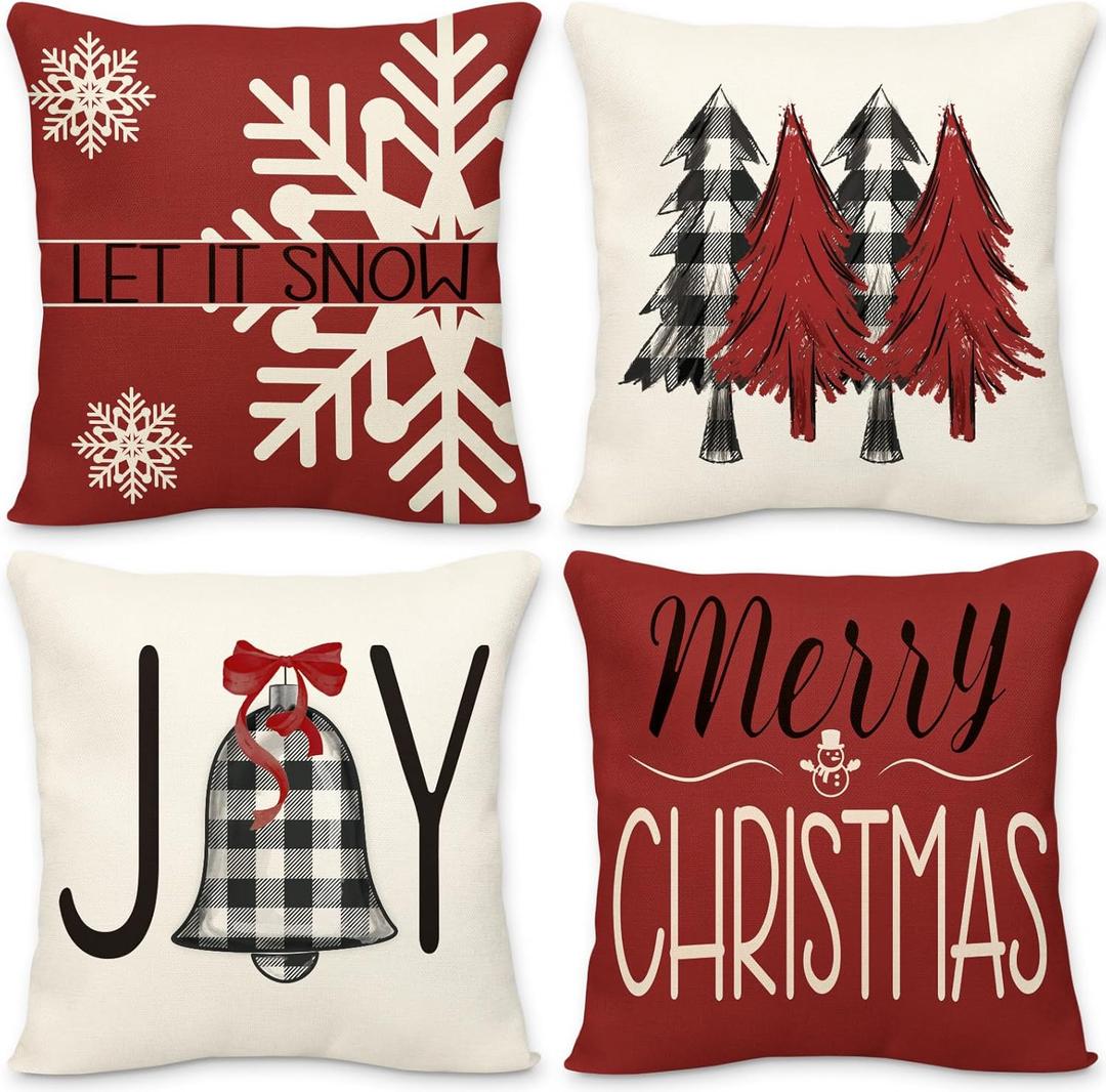Geefuun Red Christmas Pillow Covers Decorations Indoor Home Decor 18 x 18 Set of 4 - Xmas/Holiday/Winter Bedroom Decorative Pillowcase for Couch, BedNo Fillers