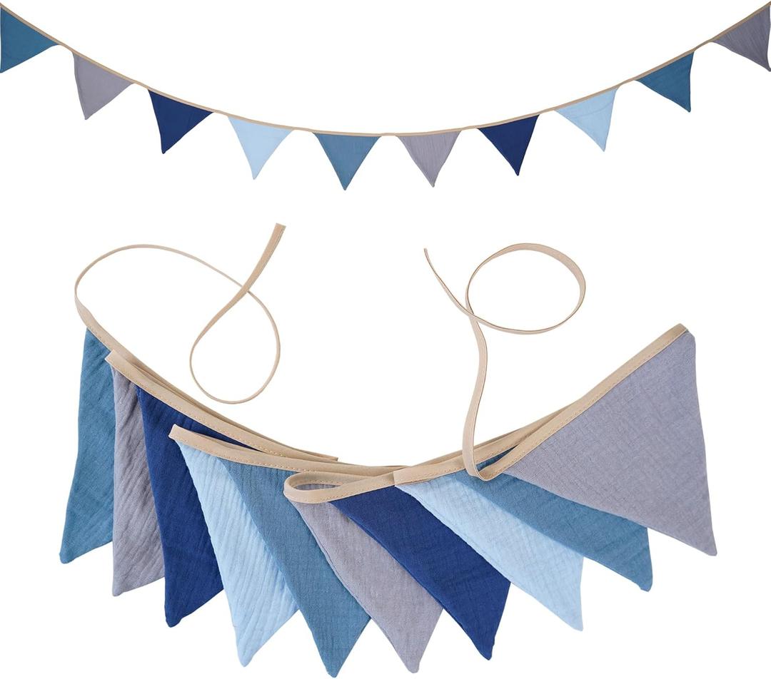 Fabric Bunting Banner, 2 Pack Handmade Neutral String Banner Each 8.5 ft 10 Flags Nursery Wall Hanging Wedding Birthday Home Baby Shower Party Decoration Bunting (Blue)