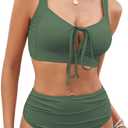 ZAFUL High Waisted Bikini Sets for Women Full Coverage Tummy Control Swimsuits Bow Tie Knot Swimwear Two Piece Bathing Suits (Large, Green)