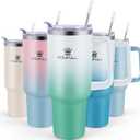 40 oz Tumbler with Handle and Straw Lid, 100% Leak-proof Travel Coffee Mug, Stainless Steel Insulated Cup for Hot Cold Beverages, Keeps Cold for 34Hrs or Hot for 10Hrs, Dishwasher Safe (WhiteGreen)