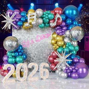 ECEAE Metallic Balloon Garland Kit Disco Ball Colorful 80s 90s Retro Dance Party Chrome Decor 131Pcs in Silver, Green, Blue, Gold, PurpleRed for Sing Boogie Karaoke 2026 New Year NYE Decoration