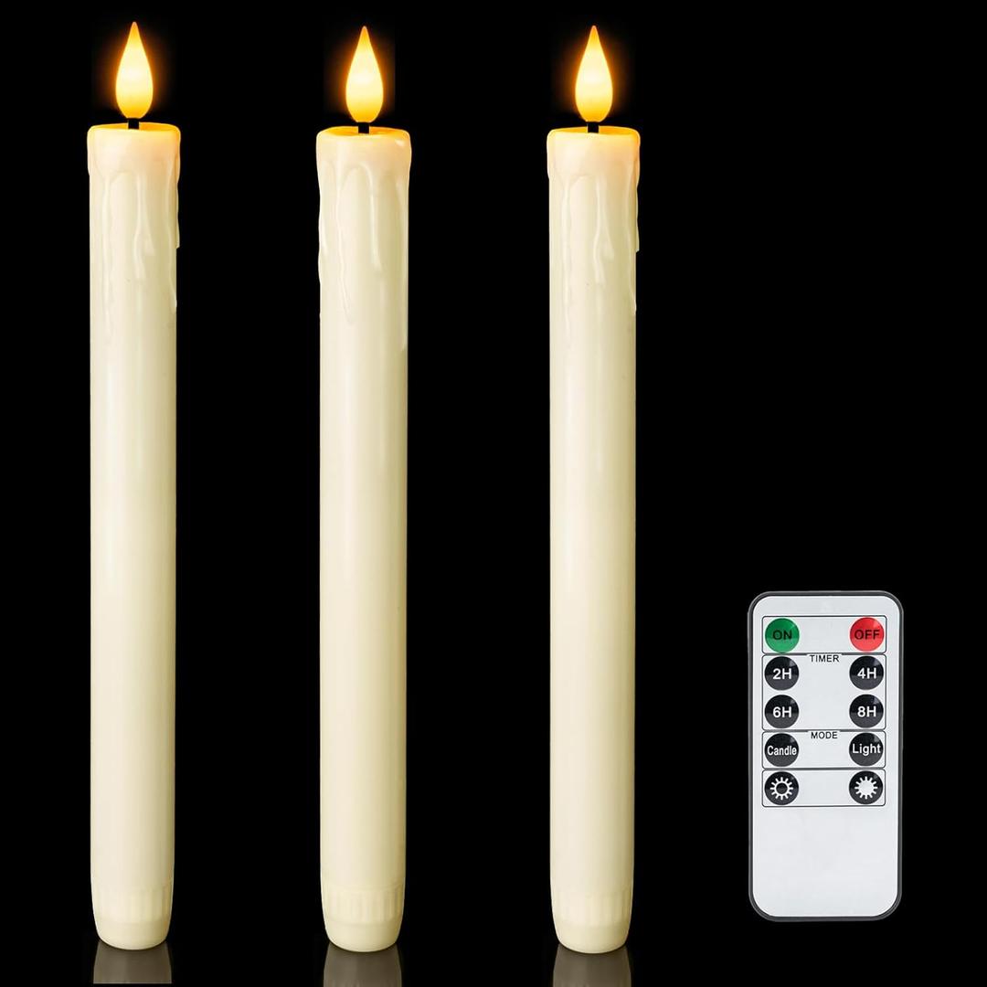 Homemory 3 Pcs Real Wax Flameless Taper Candles with Remote Timer and Dimmer, Battery Operated Candlesticks with Flickering Light, Ivory Window Candles, 9.6 Inches for for Wedding Home Decor
