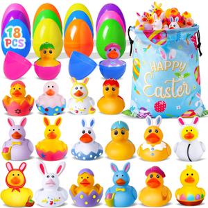 18 Pcs Easter Rubber Ducks with 18 Pcs Easter Eggs, Easter Ducks for Jeeps Easter Egg Fillers Basket Stuffers Party Favors, Rubber Ducks for Ducking Bath Toys for Kids Toddler with a Storage Bag