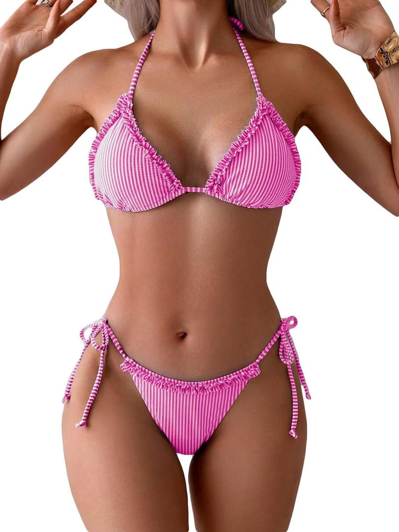 Women's Striped Print Cute Bathing Suit Ruffle Trim High Waist Summer Swimsuit Bikini Set (Large, Hot Pink)