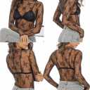 Women's Long Sleeve Mesh Tops See Through Sheer Tee Shirts Mock Neck Floral Embroidery Tops for Layering (Black, M)