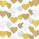 2 x White Gold Party Decorations, Heart Streamers Garland- 48ft, Christmas Wedding Engagement Neutral Baby Shower Bachelorette Bridal Shower Party Decorations