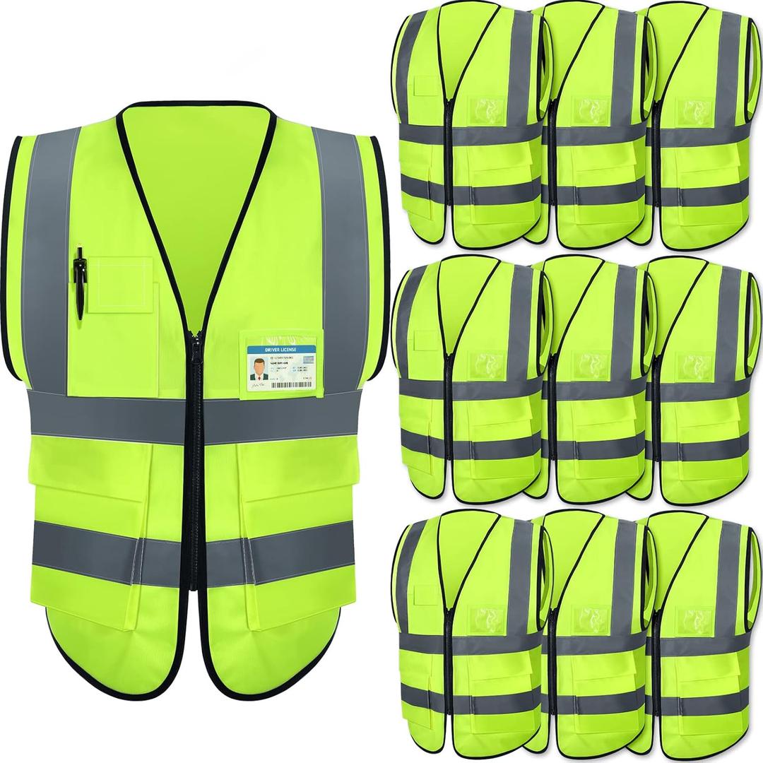 10 Pcs Reflective Safety Vest with Pockets and Zipper High Visibility Vest for Women Men Work, Construction, Cycling (Medium)