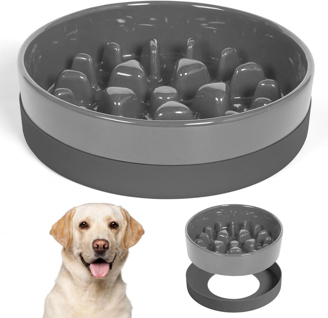 Sted Ceramic Slow Feeder Dog Bowl for Medium Large Breed, Puzzle Dog Food Bowl with Silicone Base, Maze Grey (Large-9.5 inches)