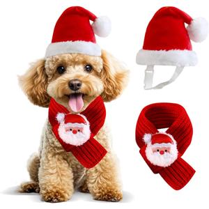 Small Dog Christmas Santa Hat and Scarf Set,Adjustable Santa Hat for Small Dogs Cats Semi-Padded with White Pompom,Knit Cat Dog Christmas Scarf with Santa Claus Motif (Hat & Scarf, S)