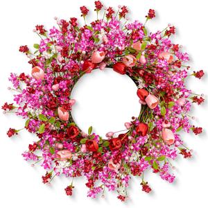 22 Inches Valentine Wreath Red Valentines Wreaths for Front Door Valentine's Day Flower Wreath with Tulips Heart Berry for Window Porch Indoors Outside