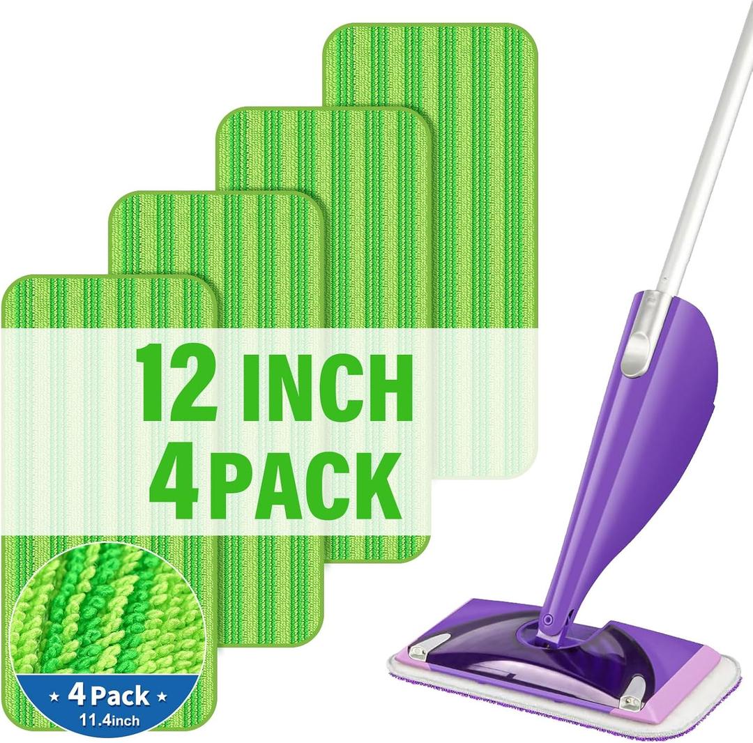 12 inch Mop Pads Refills, 4 Pack Microfiber Reusable Replacement Flat Replacements Heads for Wet Dry Floor Cleaning, Green Cloth