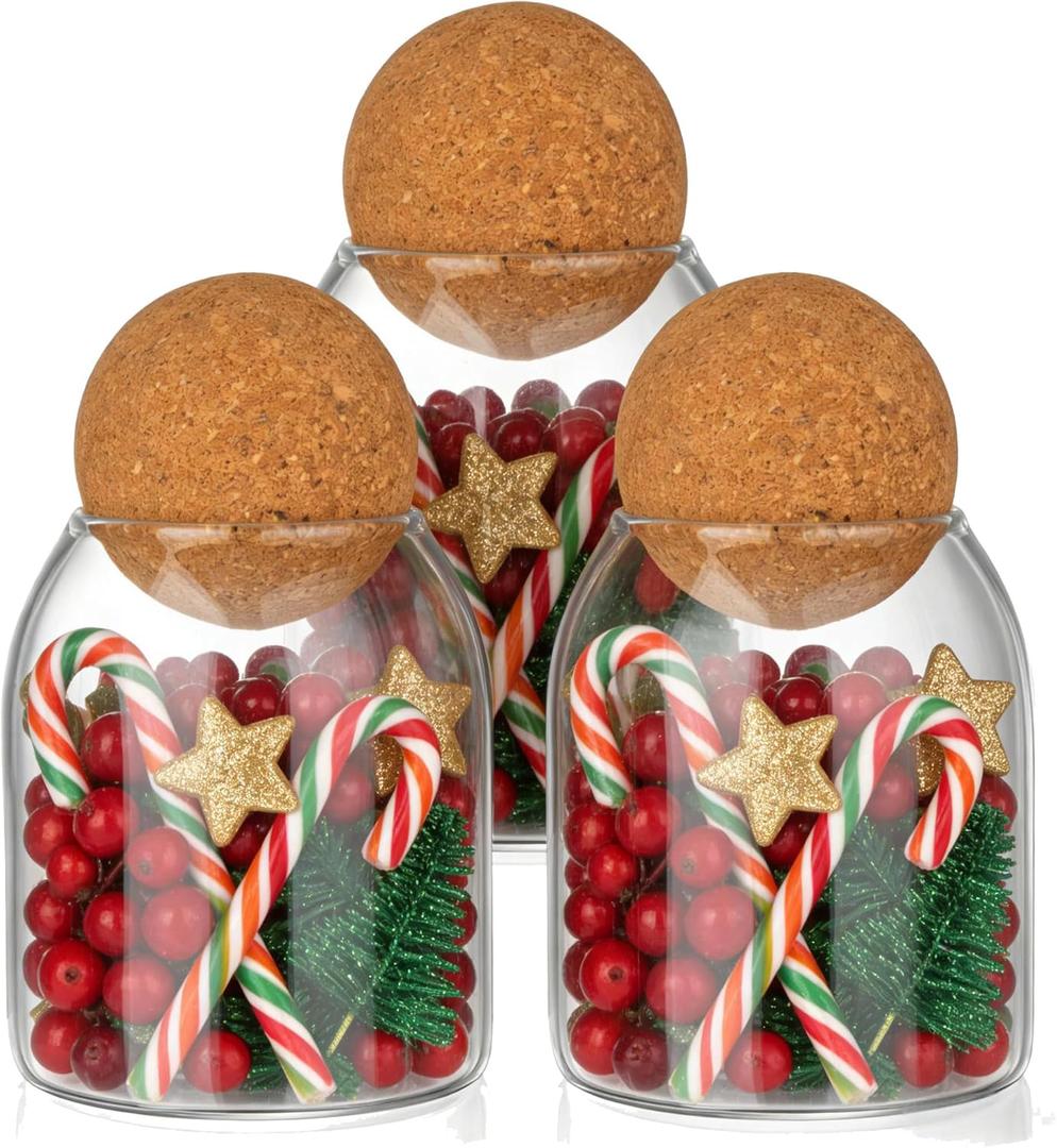 3 Pcs Glass Storage Jars, 480ML/16Oz - Airtight Cork Ball Lids, Glass Containers with Wooden Seals for Coffee Beans & Nuts,