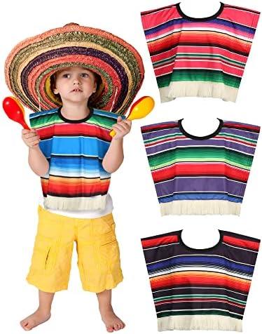 Funtery 3 Pcs Mexican Serape Poncho for Kids Baby Mexico Poncho Costume Cinco De Mayo Outfit Fiesta Theme Party Costume