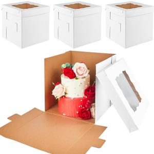 Kucoele 3 Pack 12 x 12 x 12 Inches Tall Cake Boxes with Window, White Tiered Cakes Boxes Disposable Layer Cake Carrier Cardboard Cake Container