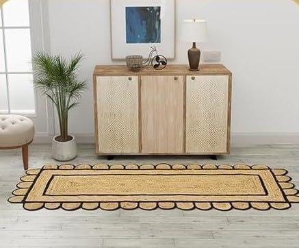 GRUHUM Jute Area Rug 2'6"x4' ft Scalloped Runner Rug Natural Base Black Trim Handwoven Runner Boho Reversible Soft Braid Farmhouse Indoor Eco Friendly Livingroom Bedroom Kitchen Hallway Enterway