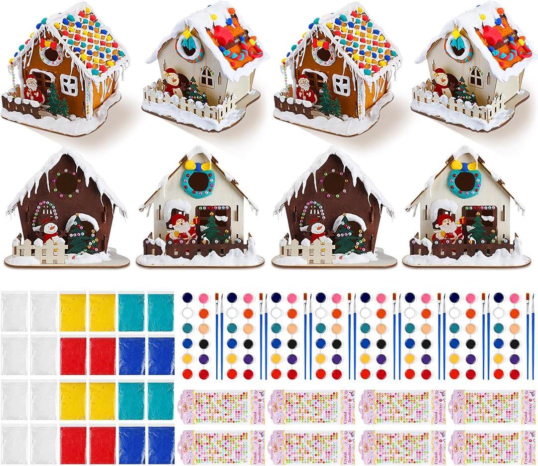 Poen 4 Sets Christmas Gingerbread House Craft Kit Bulk, Christmas DIY Crafts Include Wooden Gingerbread House, Paint, Paintbrush, Stickers, Clay for Xmas Party Craft Supplies