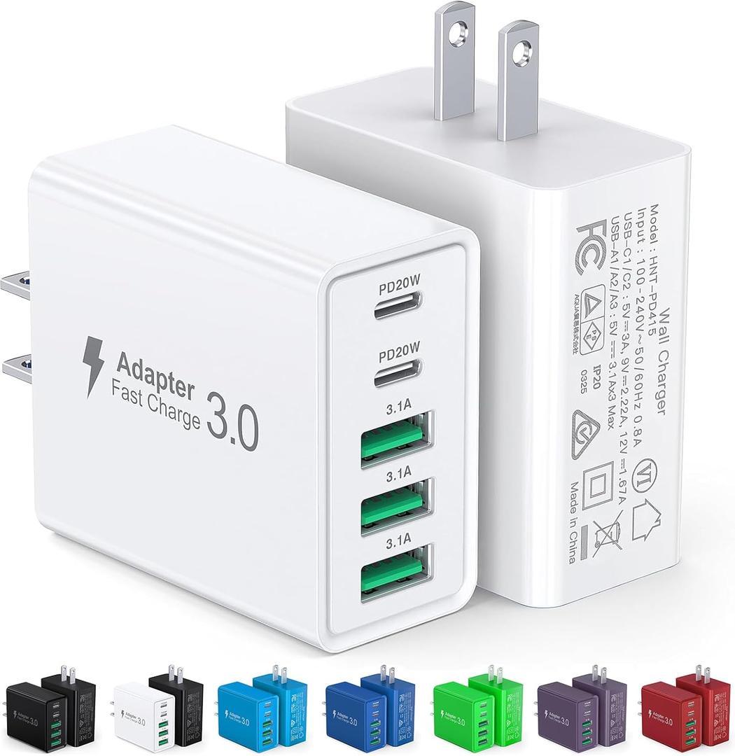 [2-Pack] USB C Wall Charger,50W 5-Port PD Fast USB C Charging Block,2USB C+3USB A Multiport Plug, Type C Power Adapter Brick Cube for iPhone 17/16/15/14/13/12/Pro Max/XS, iPad, for Switch, Samsung, Ultra 2 (White)