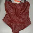 Popilush Faux Leather Shapewear Bodysuit Lace Body Suits for Womens Tummy Control Corset Tops Thong Body Shaper (Dark Red, Size M)