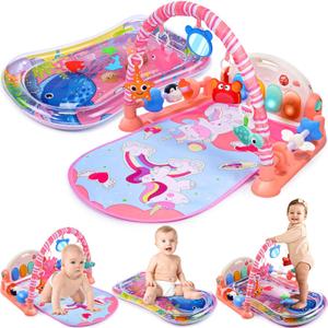 Baby Gyms Play Mats with Tummy Time Water Mat, Activity Mat Play Piano Gym with 5 Sensory Toys for Babies, Music and Lights Boy & Girl Gifts for Infant Newborn Babies 0-3 4-6 6-9 6-12 Months (Pink)