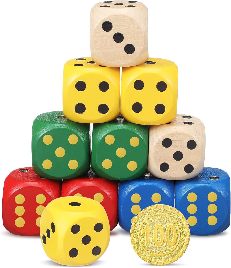 Poen 10 Pcs Wooden Dice Set 30mm 1.18 Inches D6 Large Jumbo 6 Sided Game Dice Bulk with Numbers 1-6 Round for Table Board Games Party Favors (Multicolor)