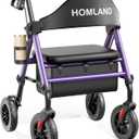 HOMLAND Walkers for Seniors with Seat, Foldable Rollator Walker, Reinforced Aluminum Frame, 8" Big Rubber Wheels for All Terrain, Height Adjustable Lightweight Rolling Walker