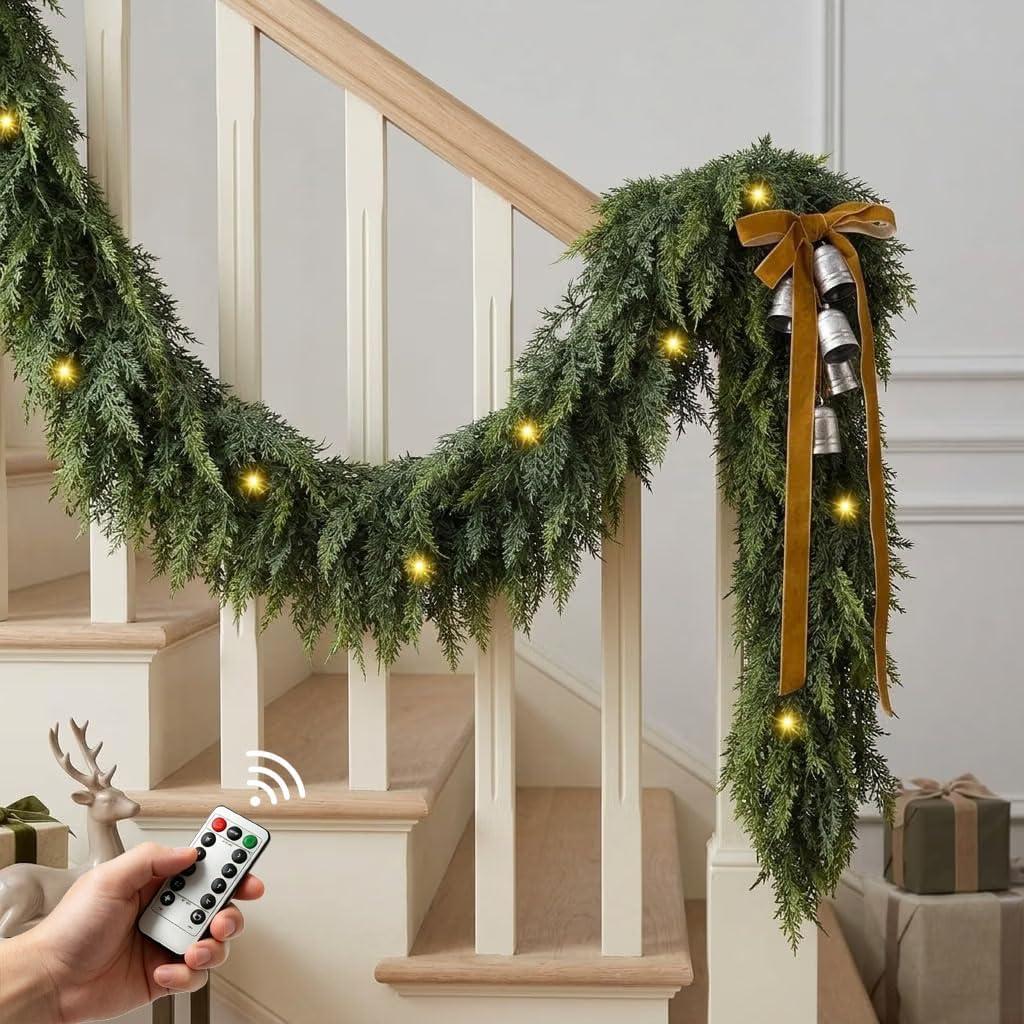 9FT 2Pcs Christmas Cedar Garland with Lights Realistic Faux Pine Garlands, 9FT Lighted