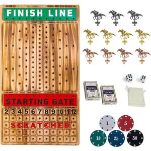 Large 21 inches Horse Racing Board Game with 11 Luxury Metal Horses Thickened Wood Horse Race Game Board with 2 Sets of Dice,2 Boxes of Cards and 100 Poker Chips for Parties and Gambling (Large Light Flame)