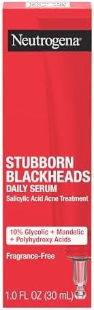 Neutrogena Stubborn Blackheads Daily Acne Facial Serum with Salicylic, Glycolic, Polyhydroxy & Mandelic Acids, Oil-Free Face Serum for Acne-Prone Skin to Help Clear Clogged Pores, 1 fl. oz