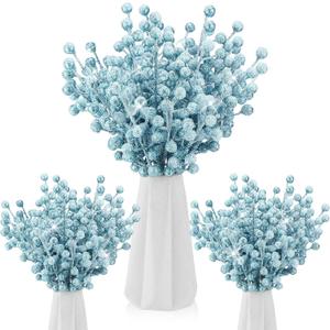 Geosar 30 Pieces Artificial Christmas Berry Picks with Snowflake Glitter Holly Berry Stems for Christmas Tree Ornaments Vases DIY Crafts Wedding Party Holiday Decor(Baby Blue)