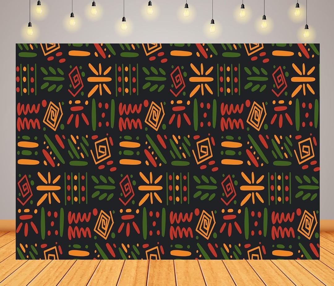 BELECO 10x8ft Fabric African Clash Ethnic Tribal Backdrop Red, Yellow, Green Symbols, Square Repeat Lines Backdrop for Black History Month, Juneteenth, Kwanzaa Background Banner Photo Studio Props