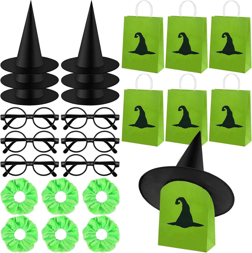 24 Pcs Halloween Pink and Green Party Favors Include 6 Black Wizard Hats 6 Green Goodie Bags 6 Black Round Frame Glasses 6 Scrunchies for Halloween Witch Birthday Party Supplies