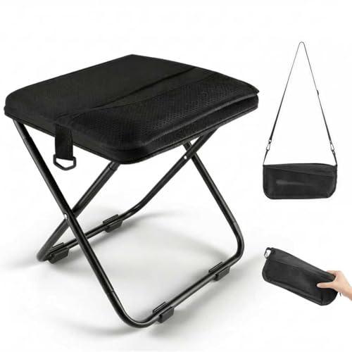 Portable folding stool with dual storage pockets and side pockets Compact adult-sized portable stool, ideal for camping, hiking, outdoor activities and events Maximum weight capacity 280 lbs (Black)