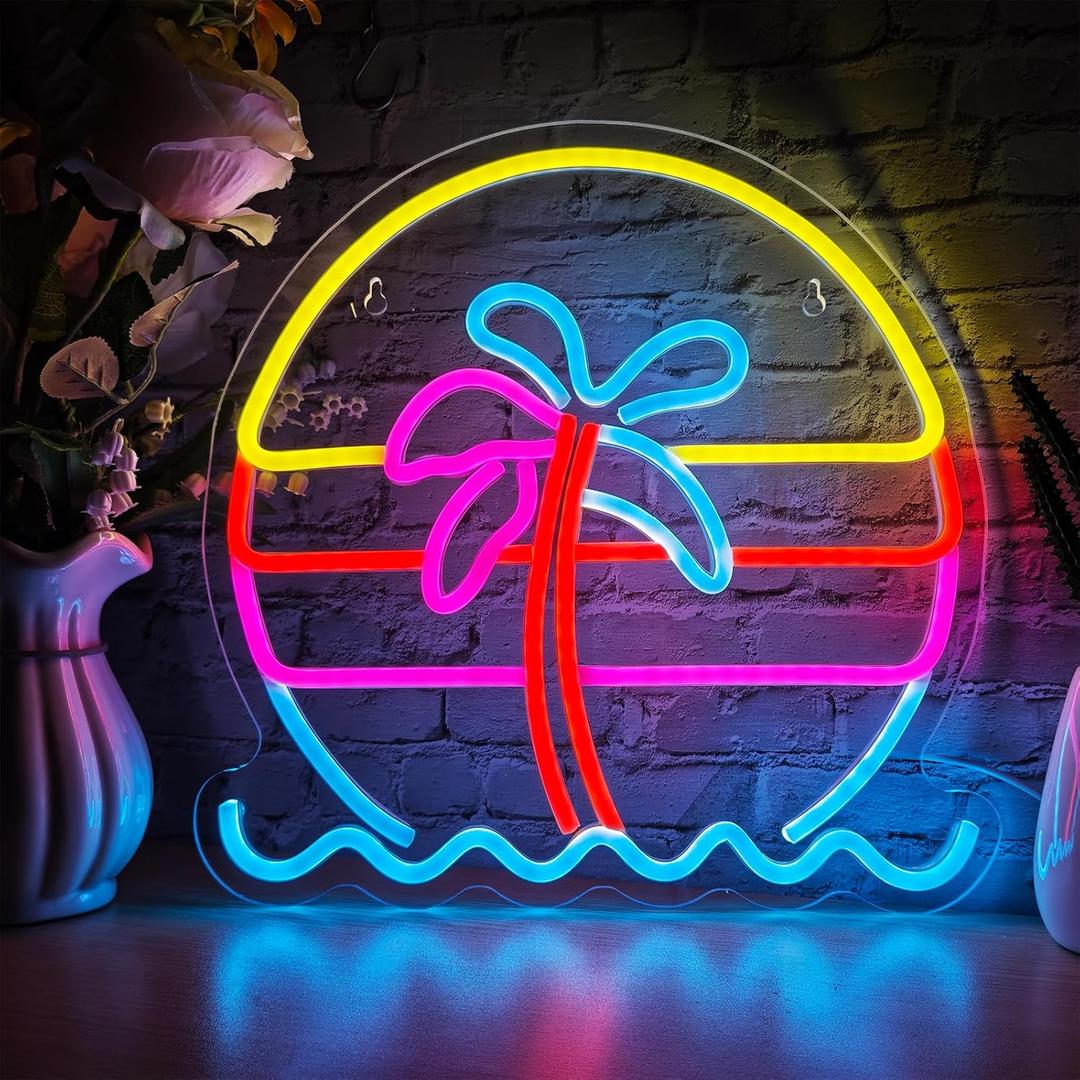 Sunset Neon Sign, Dimmable Palm Tree Neon Light for Party Bar Restaurant Wall Decor, USB Powered Tropical Beach View LED Light Sign for Kids Christmas Gifts, 12.6012.60