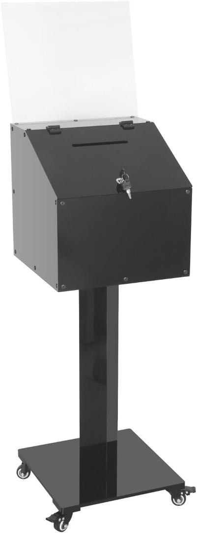 Large Acrylic Donation Box with Stand, Suggestion Box for Church, Drawing Raffle with Key and Lock, Secure Collection Box for Fundraising, Offering, Ballots, Feedback, Black