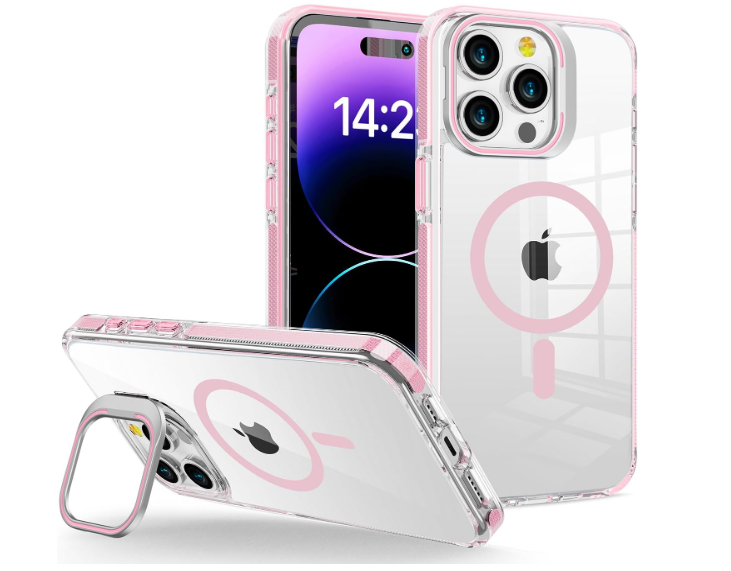 WOGROO iPhone 15 Pro Max Case [Compatible With MagSafe], Magnetic Kickstand for Women Girls, 6.7", Clear Pink