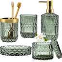 Green Bathroom Accessories Set, 5 Pcs Vintage Diamond Clear Glass Bathroom Set Include Lotion Soap Dispenser, Soap Dish, Toothbrush Holder, Tumbler, Cotton Swab Jar for Modern Bath Countertop Decor