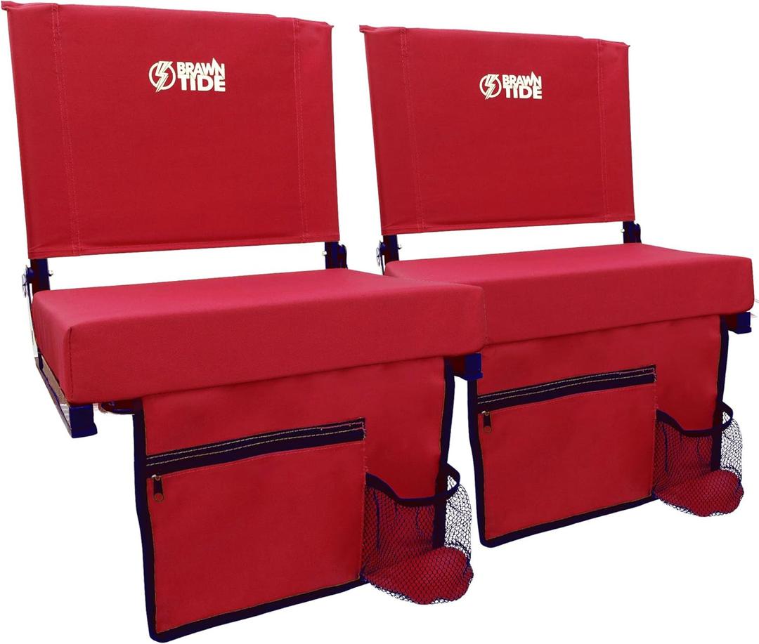 BRAWNTIDE Wide Stadium Seat - Extra Thick Cushion, Great Back Support, Lightweight Chair, Multiple Storage Pockets, Compact, Ideal for Sporting Events (Red, 2 Pack)