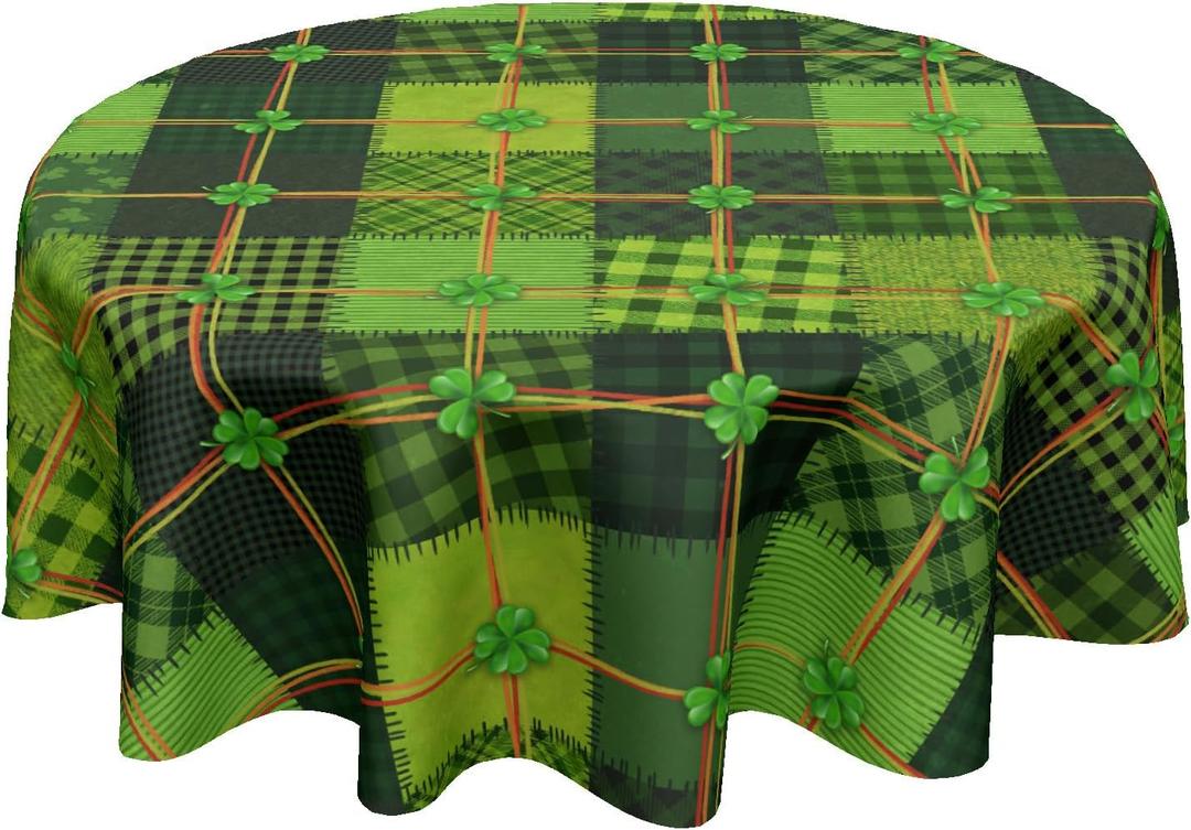St Patrick's Day Tablecloth Round 60 Inch Irish Shamrock Clover Green Patchwork Table Cloth Circle Saint Patrick's Day Table Cover Tabletop for Home Decor Dining Room Kitchen Party Picnic