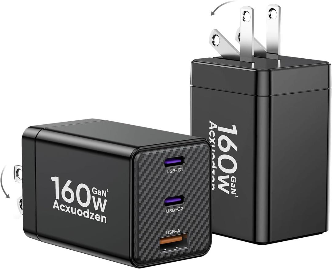 [2 Pack] USB C Charger Block 160W, 3-Port GaN Super Fast Charger, Dual 65W Type C Charging Block, Foldable QC3.0 Laptop Fast Charging Adapter for MacBook, iPhone, Samsung, Galaxy, iPad, Android, Black