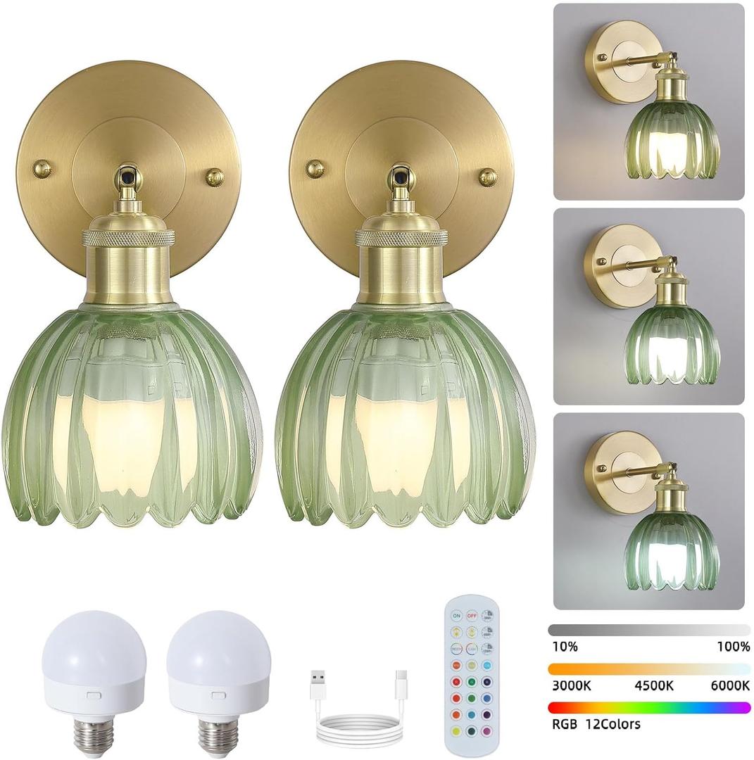 Vintage Battery Operated Wireless Wall Sconces, Rechargeable Gold Wall LightsGreen Tulip Glass Lampshad With Remote Dimmable Wall Lighting Indoor, Led Wall Lamp Fixtures For Bedroom, Living Room
