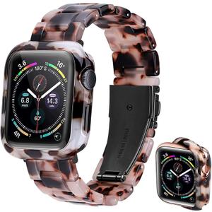 Band with Case Compatible with Apple Watch 49mm 46mm 45mm 44mm 42mm 41mm 40mm 38mm,Women Men Fashion Resin Strap Bumper for iWatch Ultra 3/2/1 Series 11 10 9 8 7 SE 6 5 4 3 2 1 (Black Ivory Tortoise)