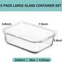 5 Pack 36oz Borosilicate Glass Food Storage Containers Set with Lids, Freezer Meal Prep Containers, Airtight Bento Lunch Container Set, Oven, Freezer and Dishwasher Safe, BPA Free, Kitchen Storage Set