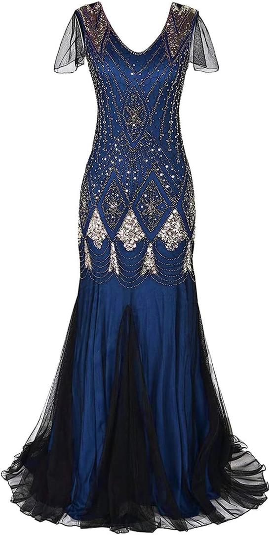Women Vintage 1920s Gatsby Flapper Evening Party Dress V Neck Art Deco Sequins Mermaid Hem Cocktail Formal Long Maxi Gown (Medium, Blue)